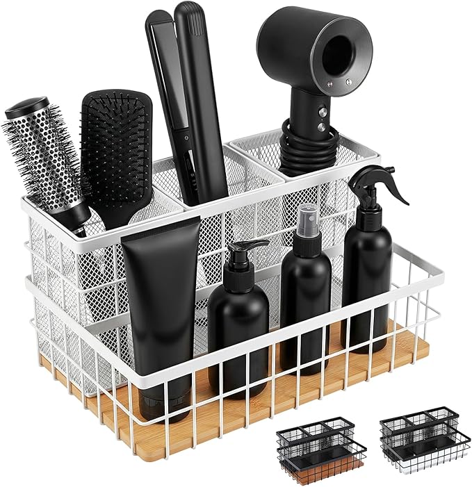 AceOrbit 1 Pcs Hair Tool Organizer Countertop Breathable Metal & Bamboo Hot Tools Organizer Under Sink Bathroom Hair Dryer Holder Countertop Brush Comb Holder,makeup tray (Natural Bamboo,White)