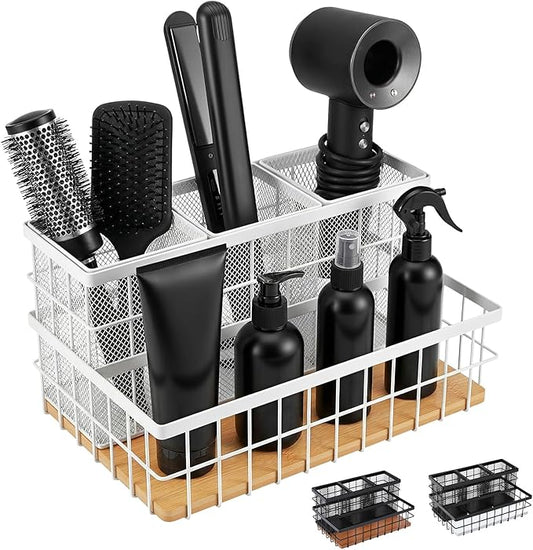 AceOrbit 1 Pcs Hair Tool Organizer Countertop Breathable Metal & Bamboo Hot Tools Organizer Under Sink Bathroom Hair Dryer Holder Countertop Brush Comb Holder,makeup tray (Natural Bamboo,White)