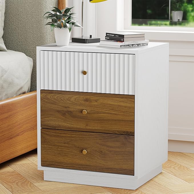 23.6" Tall Night Stand with 3 Storage Drawers, Fluted Nightstand with Metal Handles, Modern End Table Bedside Table Chest for Bedroom, White and Natural