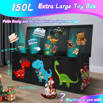 Extra Large Toy Box, Collapsible Sturdy Toy Storage Organizer with Lids, Dinosaur Toy Box for Boys Girls, 40"x16"x16" Kids Toy Chest Bin Baskets for Living Room, Playroom, Bedroom, Nursery, Black
