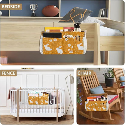 CuwrYet Bedside Caddy Hanging Bunk Bed Caddy Bed Organizer Hanging Pocket with 2 Hooks Bedside Storage Organizer Pocket Bag Holder White Flowers Bunny Orange Leaf