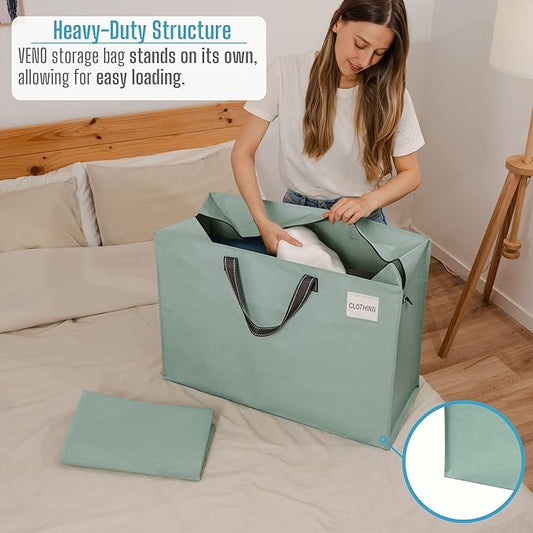 VENO 4 Pack Moving Bags, Christmas Storage Containers, Storage Totes, Zipper On Top, Sturdy, Storage Bags for Camping, Clothes, Bedding, Comforters, Pillows (27 Gallon Light Green, 4 Pack)