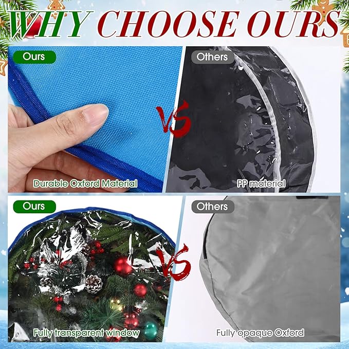 4 Pack Wreath Storage Container, 24 Inch Christmas Wreath Storage Box with Clear Window and Handles Upgrade Oxford Cloth Garland Bags with Dual Zipper for Xmas Wrapping, Blue