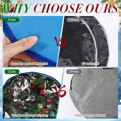 4 Pack Wreath Storage Container, 30 Inch Christmas Wreath Storage Box with Clear Window and Handles Upgrade Oxford Cloth Garland Bags with Dual Zipper for Xmas Wrapping, Blue