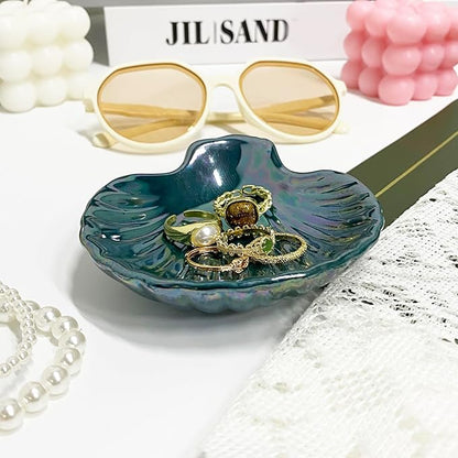 Seashell Trinket Tray, Ceramic Ring Holder Dish for Earrings Necklace, Shell Jewelry Dish Tray, Ocean Room Decor, Birthday Mother's Day Christmas Gift for Women, 3.9", Deep Teal Iridescent Surface
