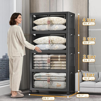 Extra Large Stackable Storage Bins with Lids & Wheels & Door, 1280QT-160QT/40GAL*8Pack Foldable Collapsible Closet Organizers, Plastic containers drawers for bedroom Dorm