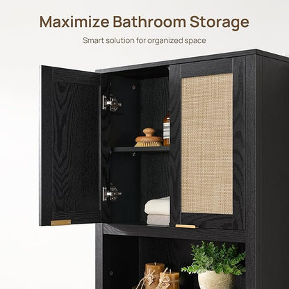 SICOTAS Over The Toilet Storage Cabinet with Rattan Door, Freestanding Bathroom Organizer with Adjustable Shelf, Space Saver Cabinet for Bathroom, Laundry Room, Restroom