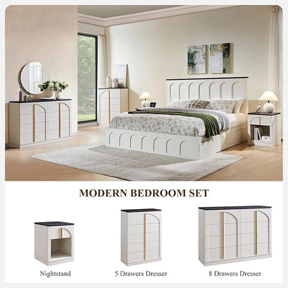 ACCOHOHO Modern Night Stand Set 2 with Arched Panel,18" Wooden nightstand with Charging Station,Bedside Table with Drawer Storage,Side End Table with Open Shelf for Bedroom,Living Room,White