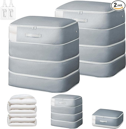 Easortm Comforter Storage Bag - 130L Large Capacity Blanket Storage Bags 4-Layer Ultra Space Saving Self Compression Organizer, Washable Compression Bags for Storage Comforter Blanket, 2-Pack, Grey
