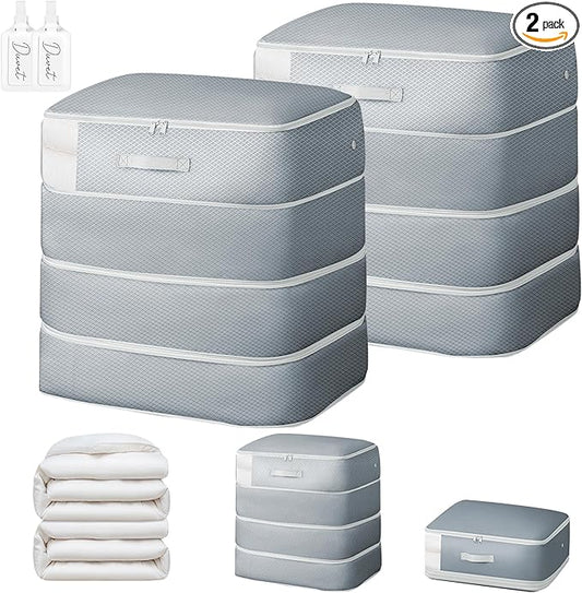 Easortm Comforter Storage Bag - 130L Large Capacity Blanket Storage Bags 4-Layer Ultra Space Saving Self Compression Organizer, Washable Compression Bags for Storage Comforter Blanket, 2-Pack, Grey