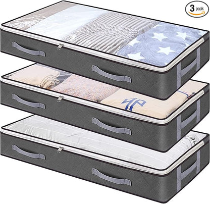 Vieshful 3 Pack Underbed Storage Bags 75L Foldable Clothes Bag Large Capacity Storage Containers with Clear Window Reinforced Handles Zippered Organizer Non-Woven for Comforters Blankets Bedding