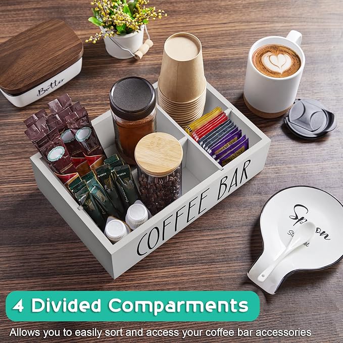 ALELION White Coffee Station Organizer - Wood Countertop Accessories Organizer with Removable Dividers for Pods Condiment Syrup Tea Cups Stirrers