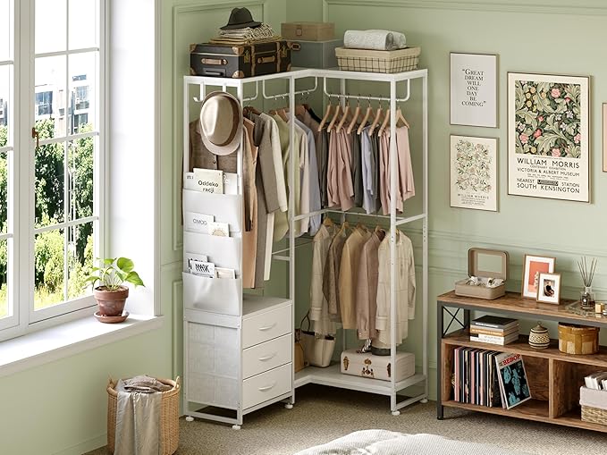 Garment Rack Heavy Duty Clothes Rack for Hanging Clothes, Freestanding Clothing Rack with 3 Fabric Drawers, Wood Stoarge Shelf, Adjustable Closet Racks, Corner L Shaped Closet System Organizers, White