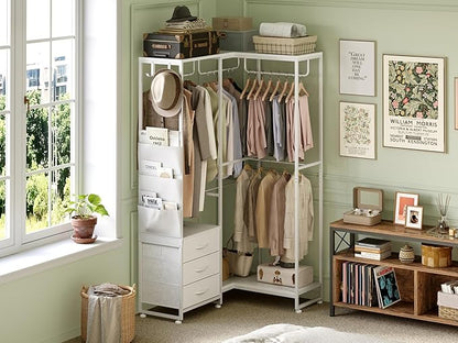 Garment Rack Heavy Duty Clothes Rack for Hanging Clothes, Freestanding Clothing Rack with 3 Fabric Drawers, Wood Stoarge Shelf, Adjustable Closet Racks, Corner L Shaped Closet System Organizers, White
