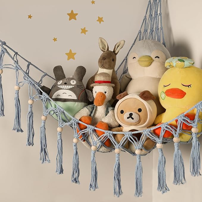 Stuffed Animal Toy Storage Hammock with LED Light-Macrame Jumbo Doll Room Organizer Mesh Decoration-Hanging Storage Nets Kids Bedroom(Blue Beads)