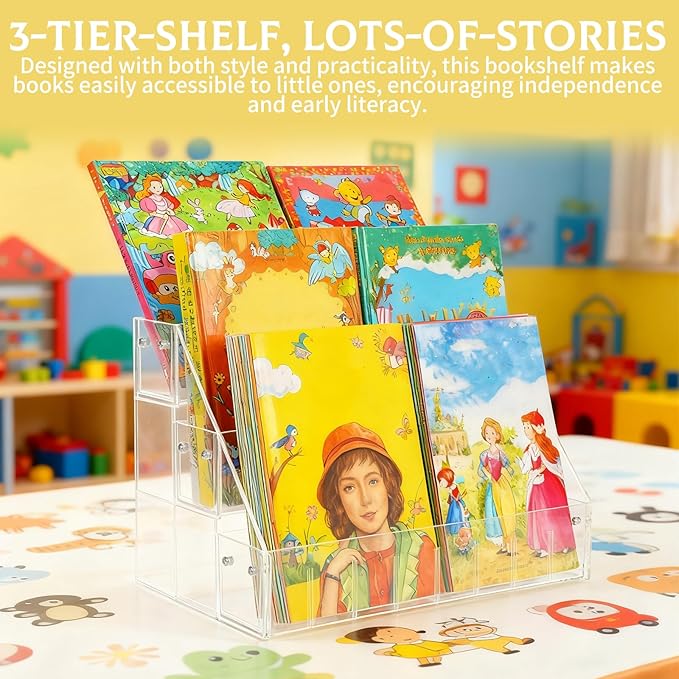 Small Bookshelf 3-Tier Clear Acrylic Book Display Organizer Front Facing Toddler Montessori Style Book Shelf Durable Bookcase for Nursery Room, Playroom, Classroom, and Reading Corner