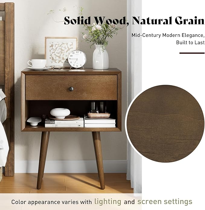 AMERLIFE Solid Wood Nightstand Set of 2, Fully Assembled End Table with Storage Drawer & Open Cubby, Mid-Century Modern Side Table for Bedroom, Walnut