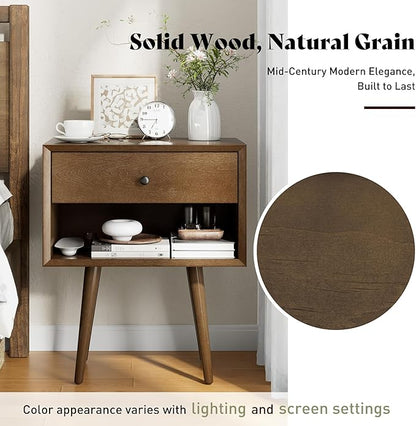 AMERLIFE Solid Wood Nightstand Set of 2, Fully Assembled End Table with Storage Drawer & Open Cubby, Mid-Century Modern Side Table for Bedroom, Walnut
