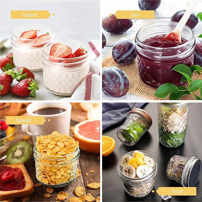 4 oz/120 ml Clear Glass Storage Canister with Airtight Lid, Small Cute Decorative Mason Container Jar for Salad, Overnight Oats, Snacks, Yogurt, Cereal, Fruit, Spice, Sugar, Coffee -4 Pack