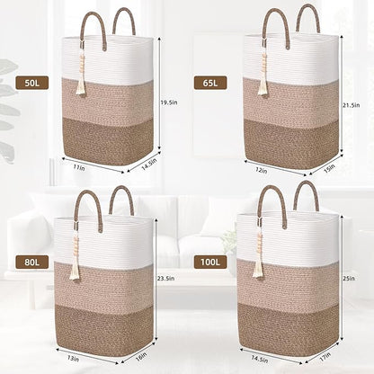 Woven Laundry Basket for Clothes,100 L Large Rectangle Laundry Hampers with Beads Tassel, Nursery Storage Basket for Toys, Tall Dirty Clothes Hamper for Bedroom Aesthetic, Laundry Room Organization