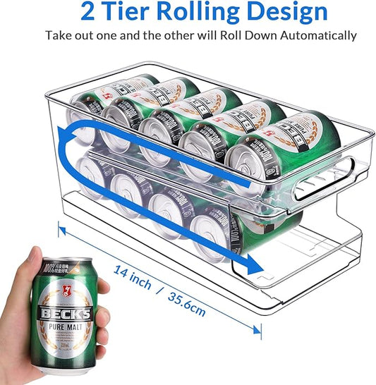 BingoHive Rolling Soda Can Organizer for Refrigerator Can Dispenser for Beer Soda Seltzer Pop Can Soda Organizer for 10 Standard Size 11.15oz or 12oz Cans Holder Storage Pantry Organization