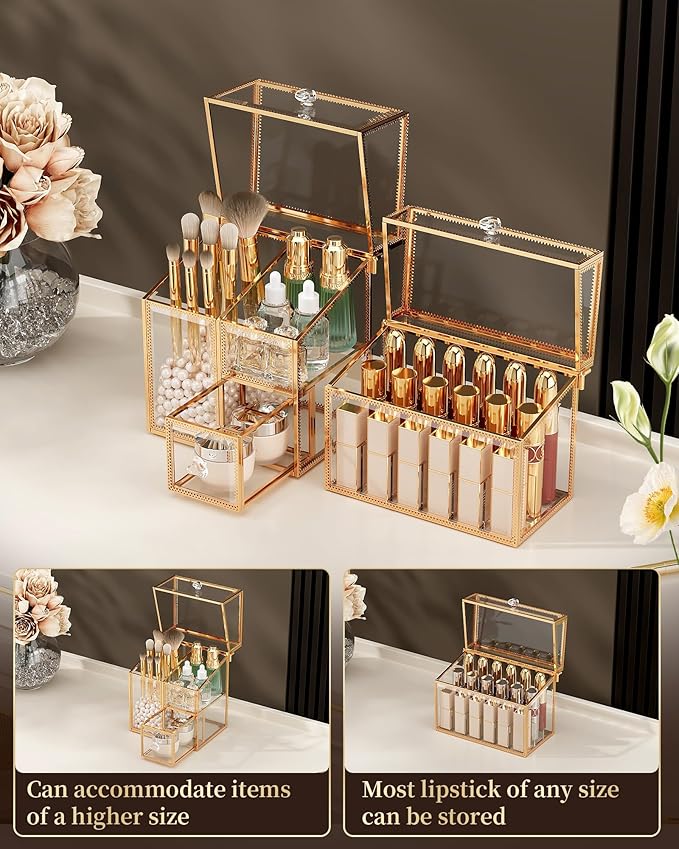 CoralHouse Glass Makeup Organizer Set – Vanity Organizer with 18-Slot Lipstick Organizer & Makeup Brush Holder with Lid – Skincare, Perfume & Cosmetic Storage for Bathroom or Dresser