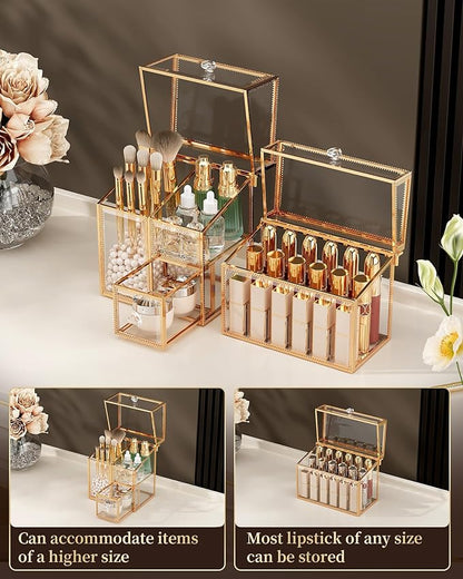 CoralHouse Glass Makeup Organizer Set – Vanity Organizer with 18-Slot Lipstick Organizer & Makeup Brush Holder with Lid – Skincare, Perfume & Cosmetic Storage for Bathroom or Dresser