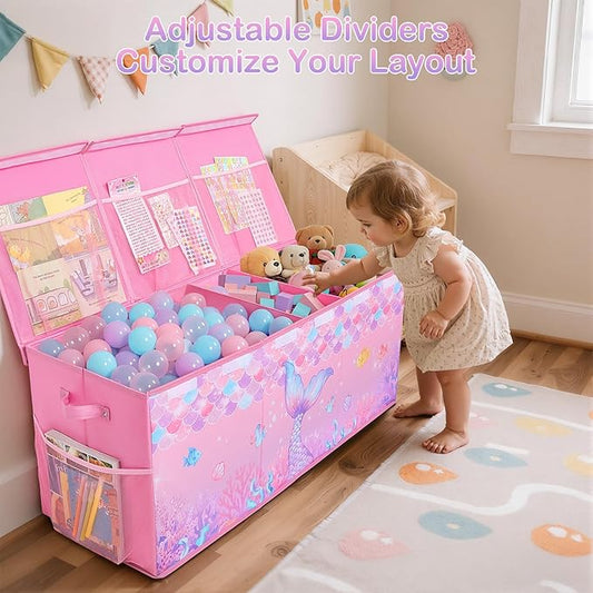 Unicorn Castle Toy Box with Adjustable Divider Toy Chest Storage Large Toy Storage Organizer Bin Collapsible with Lid Pockets for Nursery Playroom,Pink Purple Mermaid