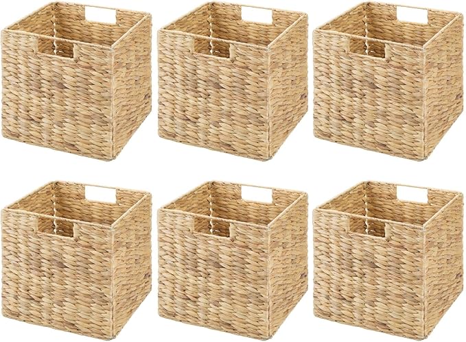 mDesign Natural Woven Hyacinth Cube Organizer Basket with Handles, Storage for Bathroom, Laundry Room Shelf or Nursery - Perfect for Cubby Storage Units - Hold Blankets and Books - 6 Pack, Natural/Tan