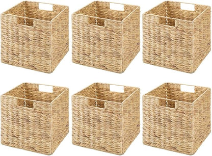 mDesign Natural Woven Hyacinth Cube Organizer Basket with Handles, Storage for Bathroom, Laundry Room Shelf or Nursery - Perfect for Cubby Storage Units - Hold Blankets and Books - 6 Pack, Natural/Tan