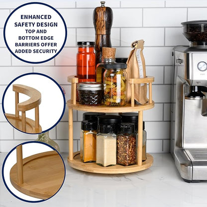 Wooden Rotating Spice Rack - 2 Tier Lazy Susan Turntable Spice Organizer for Countertop & Pantry - Portable & Space-Saving Rotating Storage Rack for Kitchen with 360° Rotating Feature
