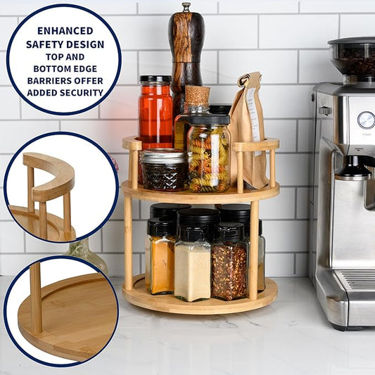 Wooden Rotating Spice Rack - 2 Tier Lazy Susan Turntable Spice Organizer for Countertop & Pantry - Portable & Space-Saving Rotating Storage Rack for Kitchen with 360° Rotating Feature