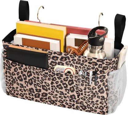 CuwrYet Bedside Caddy Hanging Bunk Bed Caddy Bed Organizer Hanging Pocket with 2 Hooks Bedside Storage Organizer Pocket Bag Holder Leopard Print Brown
