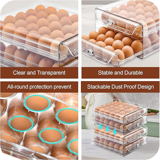Egg Holder for Refrigerator,60 Eggs Clear Drawer Organizer,2 Layer Stackable Egg Holder Egg Trays,Egg Storage Container with Time Scale for Fridge Countertop Cabinet