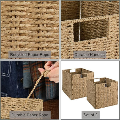Vagusicc Wicker Storage Basket, Set of 2 Hand-Woven Wicker Basket, 11 inch Storage Baskets for Organizing and Decor, Foldable Cube Storage Organizer Bins Baskets for Shelves, Woven Basket, Natural