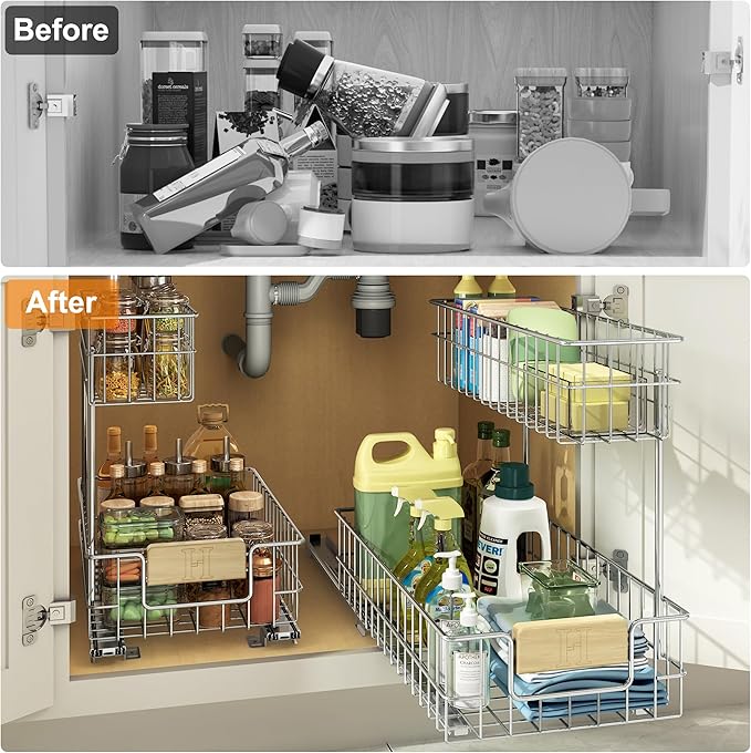 ROOMTEC Pull Out Cabinet Organizer Under Sink Slide Out Storage Shelf with 2 Tier Sliding Wire Drawer, Sliding Storage for Inside Kitchen Cabinet- 11½ in. W x 17¾ in. D (Left)