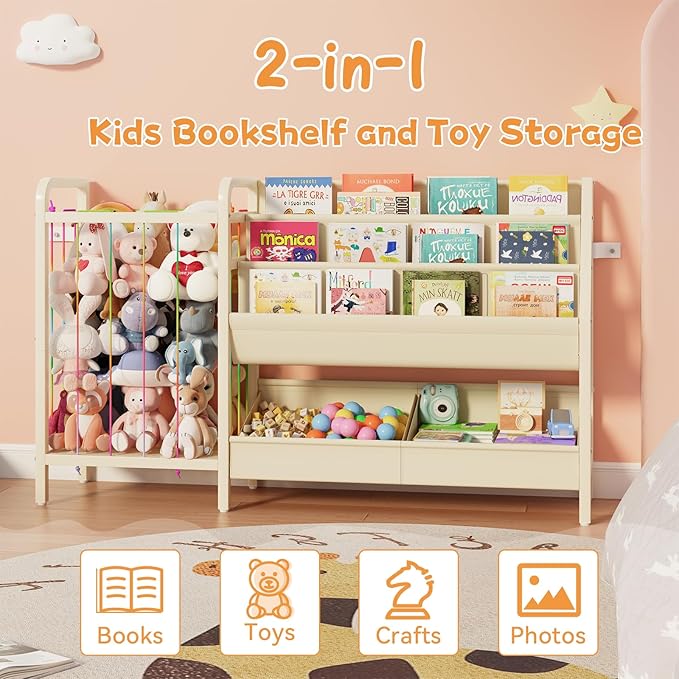 B5 Kids Bookshelf and Toy Storage, Book Shelf for Kids Rooms, Sling Toddler Book Shelves with Stuffed Animal Storage, Montessori Baby Bookcase for Nursery, Bedroom, Playroom, White