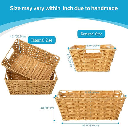 JS HANGER Wicker Storage Basket with Liners, Set of 2, Washable Waterproof, 12.6" L x 8.7" W x 4.3" H, Woven Basket for Pantry, Toilet, Bathroom, Bedroom, Patio,Natrual