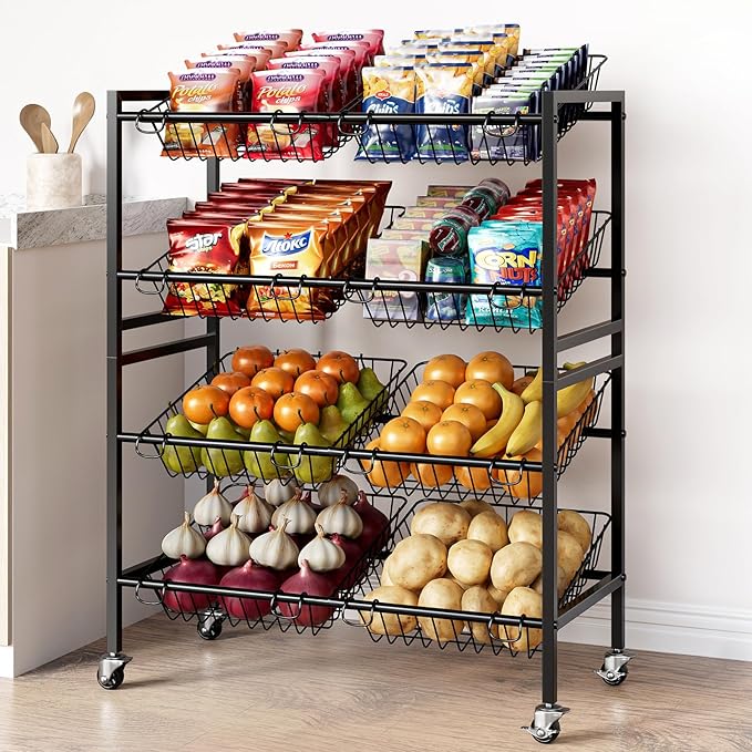 Evermagin 25.2''W Kitchen Storage Cart, Rolling Snack Cart, 4 Tier Fruit Basket Vegetable Stand, Metal Pantry Storage Organizer with 8 Removable Baskets for Onion Potato, Black