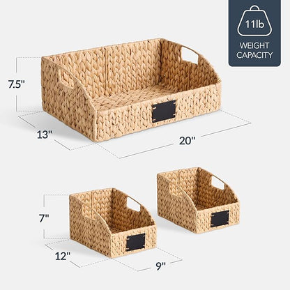 Best Choice Products Natural Hyacinth Angled Pantry Storage Baskets, Large Woven Wicker Storage Bins w/Handles, Storage Container Baskets for Shelves, Chalkboard Label & Marker (Set of 3) - Natural