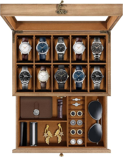 Uten 10-Slot Watch Box, 2-Layers Solid Wood Watch Display Case with Glass Lid, Watch Holder Organizer with Soft Pillow and Velvet Lining, Watch and Jewelry Storage Box, Brown