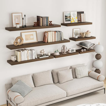 RICHFOCUS 72Inch Floating Shelves for Wall 2 Pack Shelves for Bedroom|Kitchen|Bathroom Wall Mounted Rustic Wood Floating Shelf with Invisible Brackets for Books|Storage|Decor, Walnut