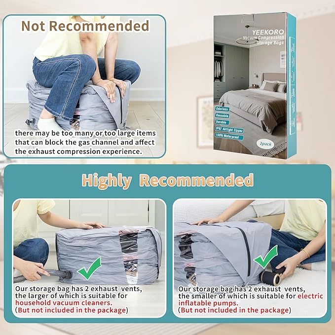 YEEKORO Vacuum Storage Bags for Home, Professional IP67 Waterproof Reusable Vacuum Compression Bags for comforter and Clothing, Large Vacuum Seal Bag for Bedding (2 Pack, No Pump)