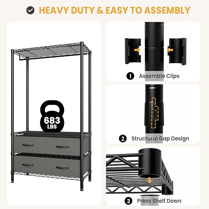 Clothes Rack with 4 Fabric Storage Drawers and Adjustable Shelves, 3-Tier Heavy-Duty Garment Rack Portable Clothes Hanger Closet Organizers for Bedroom Dorm Apartment, 71.5"H x 35.2"W x 15.4"D