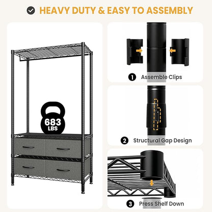 Heavy Duty Clothing Racks with 4 Drawers,Load 682Lbs Clothing Rack for Hanging Clothes Portable Closet Garment Rack for Bedroom, Basement, Extra Space