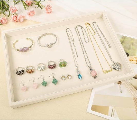 Mornajina 13.8" x 9.5" Velvet Jewelry Tray Jewelry Display Tray, Stackable Empty Plate Trays for Earrings Necklaces Bracelet Rings Display Showcase - Light Khaki