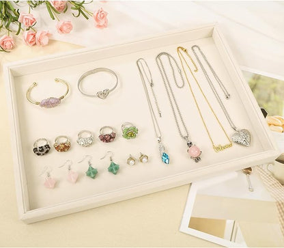 Mornajina 2 Pcs 13.8" x 9.5" Velvet Jewelry Tray Jewelry Display Tray Flat Tray, Stackable Empty Plate Trays for Earrings Necklaces Bracelet Rings Display Showcase - Light Khaki