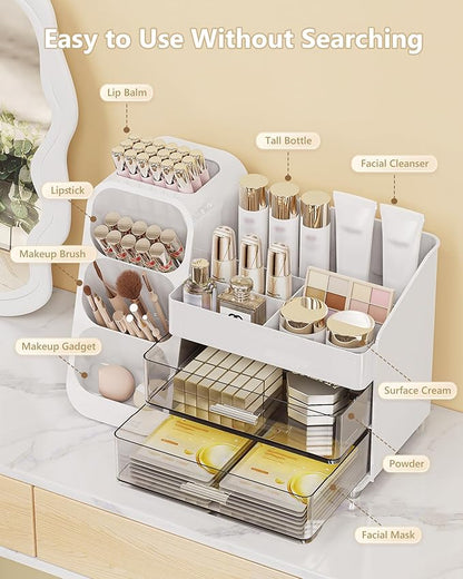 Anylady Makeup Organizer with Drawers, Skincare Organizer (Large Size Thick), Storage Box Cosmetic Display Cases, Make up Organizers for Vanity, Dresser, Desk, Kitchen, Countertop (White)