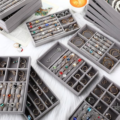 Landical 16 Pcs Stackable Jewelry Organizer for Drawer Velvet Jewelry Tray with Dividers Earring Holder & Ring Display Box Fits 8.4 x 5 x 1 Drawer Necklace Storage for Women, Girls,16 Styles (Grey)
