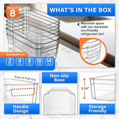 Lifemaster Multi-Purpose Refrigerator Bins - 8 Pieces Usable And Stackable Design Fridge Bin Organizer With Easy Grip Handles - Clear